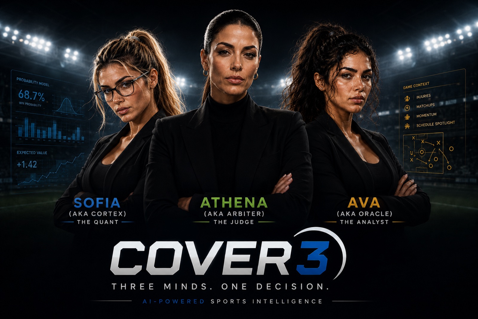 Cover3.mx AI models — Sofia (aka Cortex), Athena (aka Arbiter), and Ava (aka Oracle)